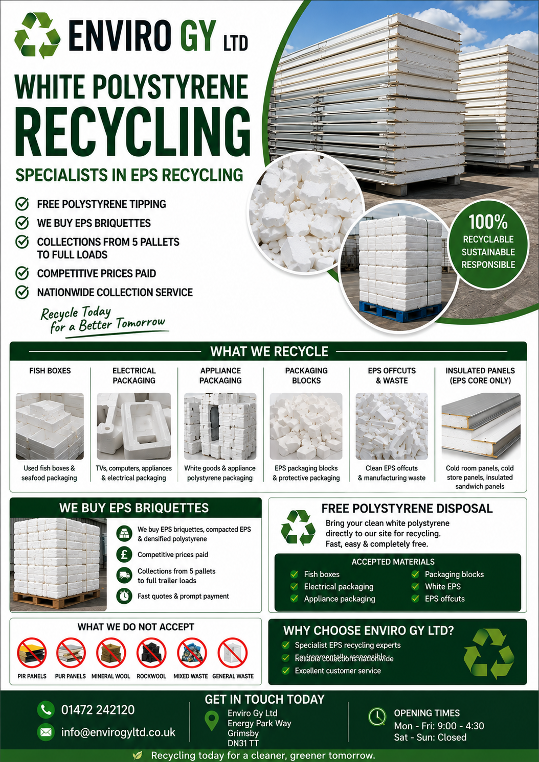 Enviro GY Ltd free polystyrene recycling service poster — free EPS tipping Grimsby Lincolnshire